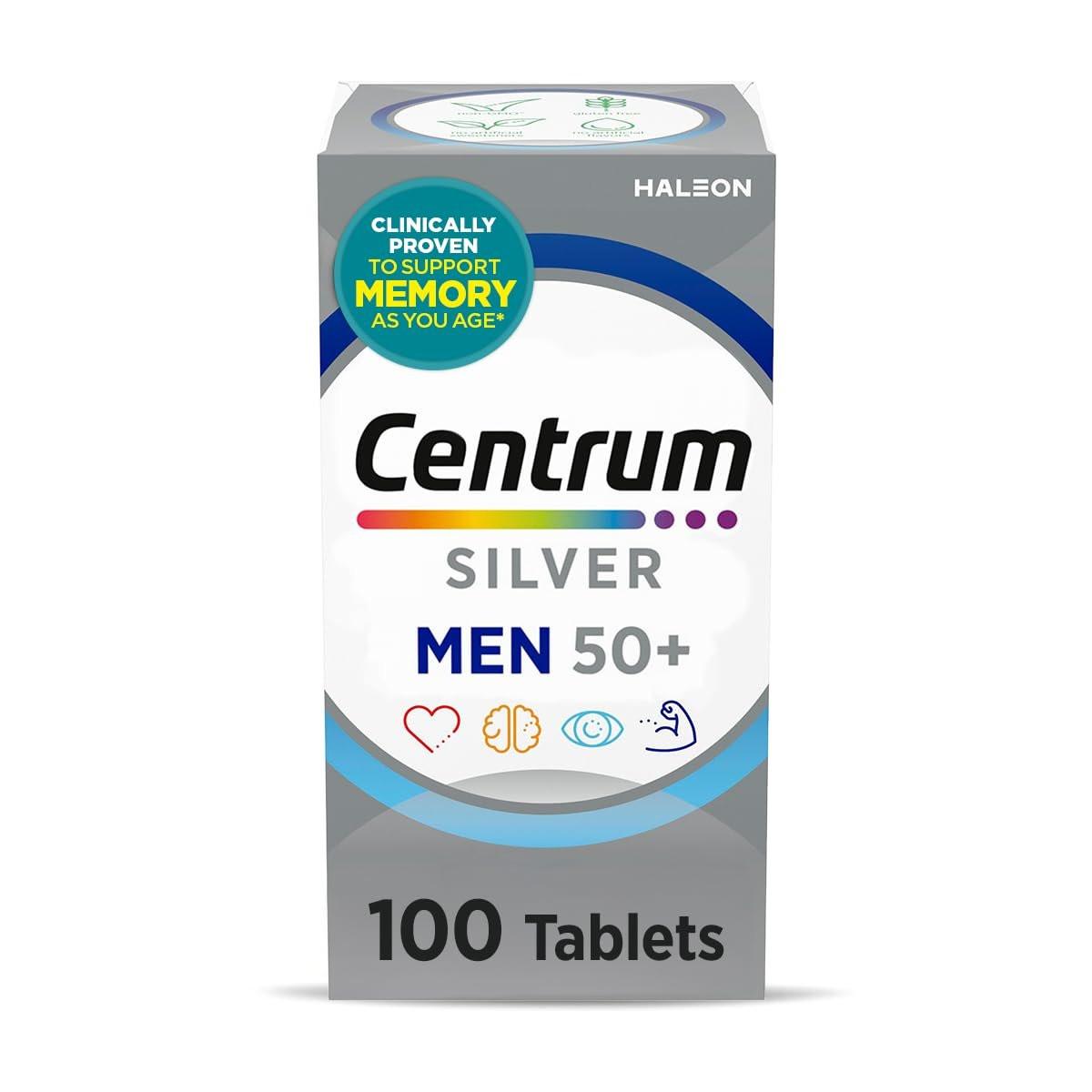 Centrum Silver Multivitamin für Männer 50+ – Nahrungsergänzungsmittel mit Vitamin D3, B-Vitaminen und Zink, glutenfrei, nicht gentechnisch verändert, unterstützt Gedächtnis und Kognition – 100 Tabletten