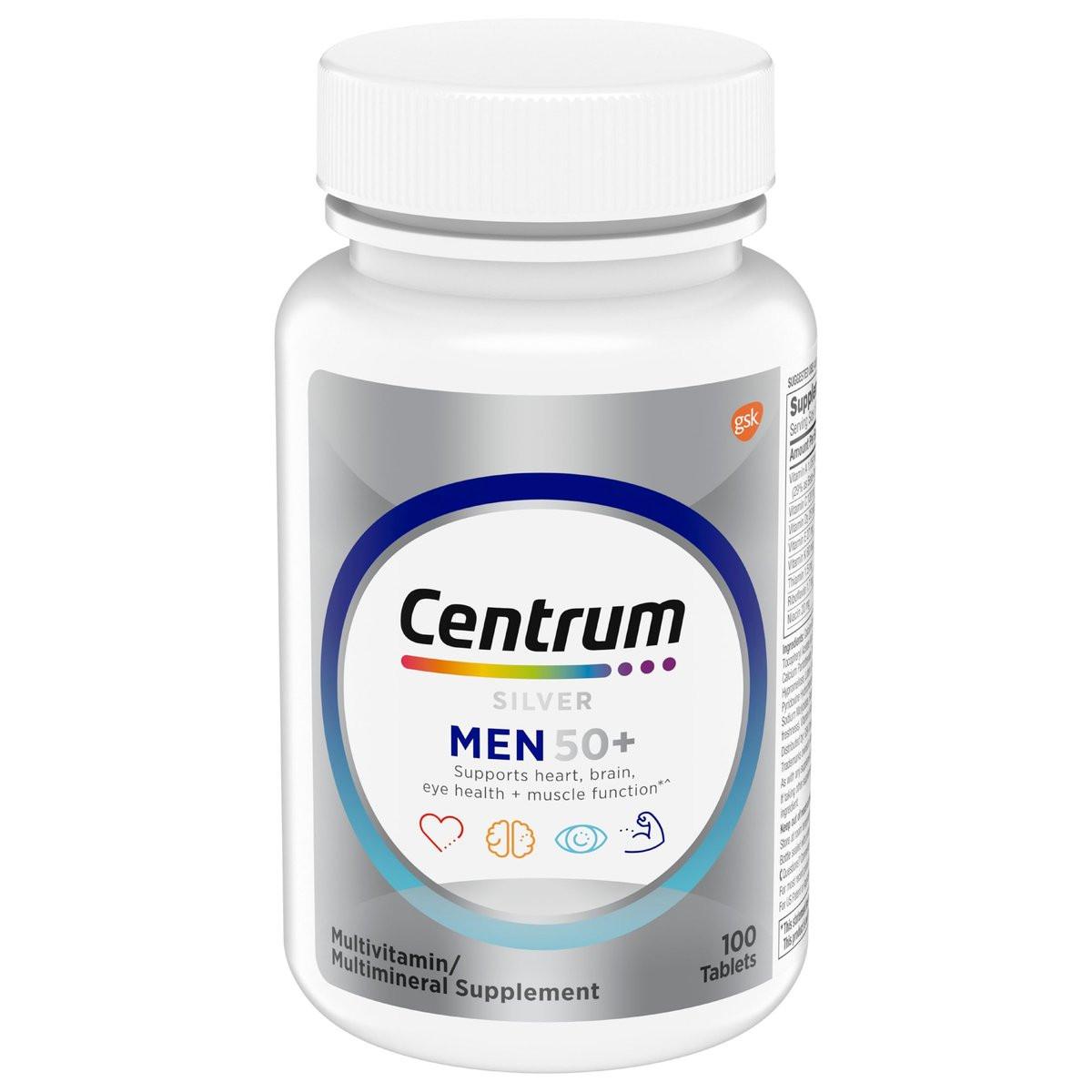 Centrum Silver Multivitamin für Männer 50+ – Nahrungsergänzungsmittel mit Vitamin D3, B-Vitaminen und Zink, glutenfrei, nicht gentechnisch verändert, unterstützt Gedächtnis und Kognition – 100 Tabletten