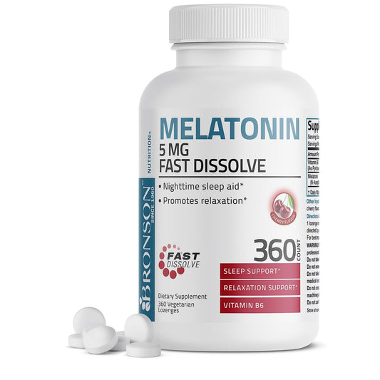 Bronson Melatonin 5mg Schnellschmelzende Kirschgeschmack-Tabletten mit Vitamin B6 - Nachtzeit-Schlafhilfe - Fördert Entspannung, 360 vegetarische Kautabletten