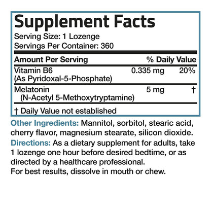 Bronson Melatonin 5mg Schnellschmelzende Kirschgeschmack-Tabletten mit Vitamin B6 - Nachtzeit-Schlafhilfe - Fördert Entspannung, 360 vegetarische Kautabletten