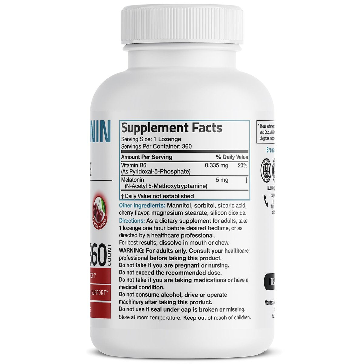 Bronson Melatonin 5mg Schnellschmelzende Kirschgeschmack-Tabletten mit Vitamin B6 - Nachtzeit-Schlafhilfe - Fördert Entspannung, 360 vegetarische Kautabletten