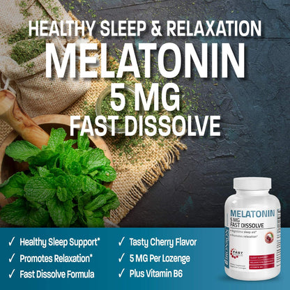 Bronson Melatonin 5mg Schnellschmelzende Kirschgeschmack-Tabletten mit Vitamin B6 - Nachtzeit-Schlafhilfe - Fördert Entspannung, 360 vegetarische Kautabletten