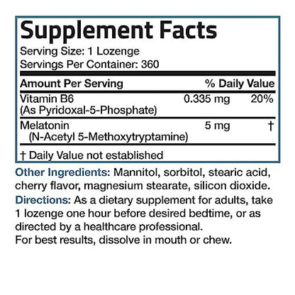 Bronson Melatonin 5mg Schnellschmelzende Kirschgeschmack-Tabletten mit Vitamin B6 - Nachtzeit-Schlafhilfe - Fördert Entspannung, 360 vegetarische Kautabletten