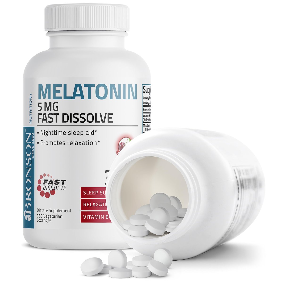 Bronson Melatonin 5mg Schnellschmelzende Kirschgeschmack-Tabletten mit Vitamin B6 - Nachtzeit-Schlafhilfe - Fördert Entspannung, 360 vegetarische Kautabletten