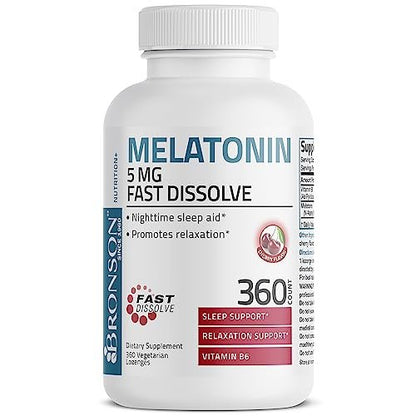 Bronson Melatonin 5mg Schnellschmelzende Kirschgeschmack-Tabletten mit Vitamin B6 - Nachtzeit-Schlafhilfe - Fördert Entspannung, 360 vegetarische Kautabletten