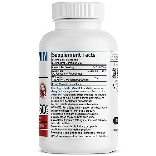 Bronson Melatonin 5mg Schnellschmelzende Kirschgeschmack-Tabletten mit Vitamin B6 - Nachtzeit-Schlafhilfe - Fördert Entspannung, 360 vegetarische Kautabletten