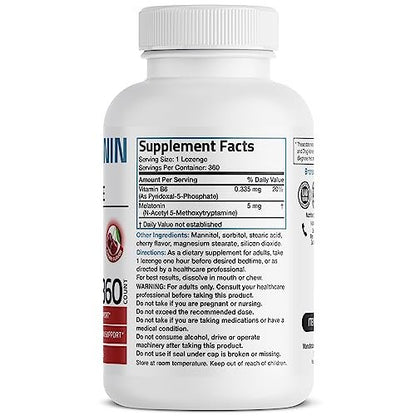 Bronson Melatonin 5mg Schnellschmelzende Kirschgeschmack-Tabletten mit Vitamin B6 - Nachtzeit-Schlafhilfe - Fördert Entspannung, 360 vegetarische Kautabletten