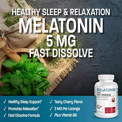 Bronson Melatonin 5mg Schnellschmelzende Kirschgeschmack-Tabletten mit Vitamin B6 - Nachtzeit-Schlafhilfe - Fördert Entspannung, 360 vegetarische Kautabletten