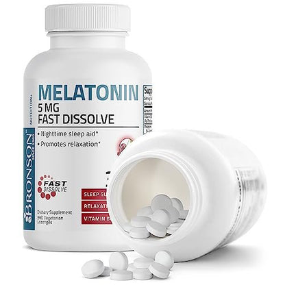 Bronson Melatonin 5mg Schnellschmelzende Kirschgeschmack-Tabletten mit Vitamin B6 - Nachtzeit-Schlafhilfe - Fördert Entspannung, 360 vegetarische Kautabletten