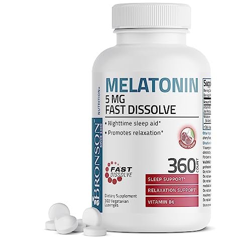 Bronson Melatonin 5mg Schnellschmelzende Kirschgeschmack-Tabletten mit Vitamin B6 - Nachtzeit-Schlafhilfe - Fördert Entspannung, 360 vegetarische Kautabletten