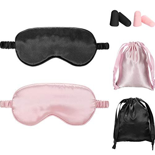 Seiden-Schlafmaske Set – 2 Schlafmasken mit elastischem Band, Inklusive 2 Ohrstöpsel und 2 Aufbewahrungstaschen für Frauen und Männer (Schwarz, Taro-Lila)