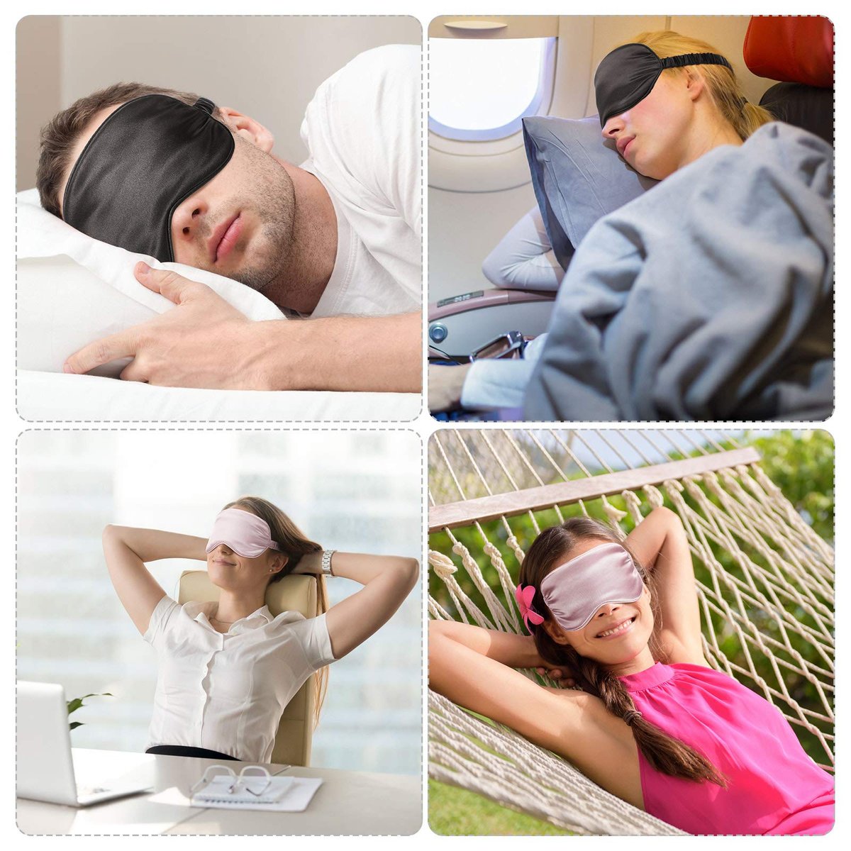 Seiden-Schlafmaske Set – 2 Schlafmasken mit elastischem Band, Inklusive 2 Ohrstöpsel und 2 Aufbewahrungstaschen für Frauen und Männer (Schwarz, Taro-Lila)