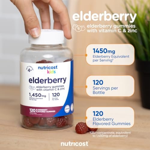 Nutricost Kids Holunderbeeren Gummibärchen (50 mg) mit Zink & Vitamin C, 120 Gummibärchen – Glutenfrei, ohne Maissirup