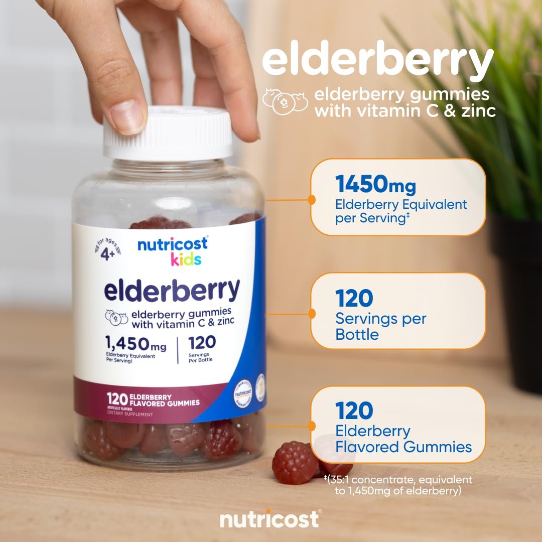 Nutricost Kids Holunderbeeren Gummibärchen (50 mg) mit Zink & Vitamin C, 120 Gummibärchen – Glutenfrei, ohne Maissirup