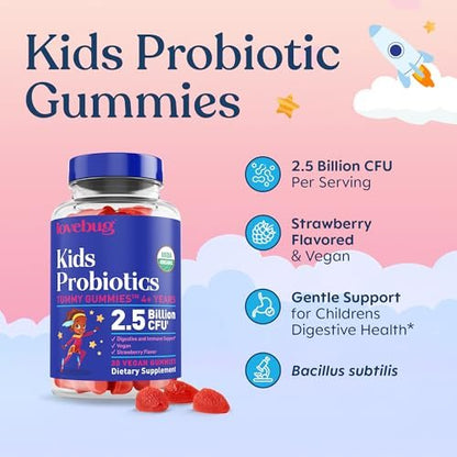 LOVEBUG Probiotische Gummis für Kinder – Organische, veganfreundliche, bodenbasierte Probiotika für Kinder ab 4 Jahren zur Unterstützung der Darmgesundheit, Verdauung und des Immunsystems, 30 Erdbeer-Gummis