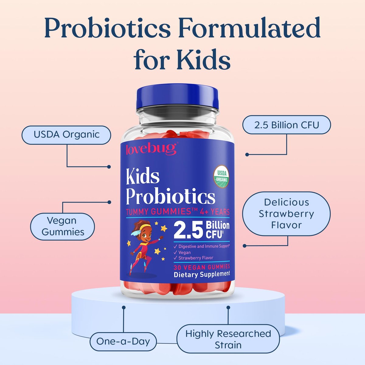 LOVEBUG Probiotische Gummis für Kinder – Organische, veganfreundliche, bodenbasierte Probiotika für Kinder ab 4 Jahren zur Unterstützung der Darmgesundheit, Verdauung und des Immunsystems, 30 Erdbeer-Gummis