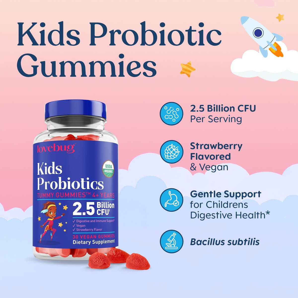 LOVEBUG Probiotische Gummis für Kinder – Organische, veganfreundliche, bodenbasierte Probiotika für Kinder ab 4 Jahren zur Unterstützung der Darmgesundheit, Verdauung und des Immunsystems, 30 Erdbeer-Gummis