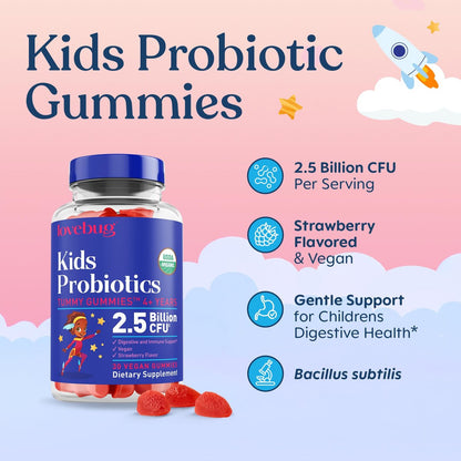 LOVEBUG Probiotische Gummis für Kinder – Organische, veganfreundliche, bodenbasierte Probiotika für Kinder ab 4 Jahren zur Unterstützung der Darmgesundheit, Verdauung und des Immunsystems, 30 Erdbeer-Gummis