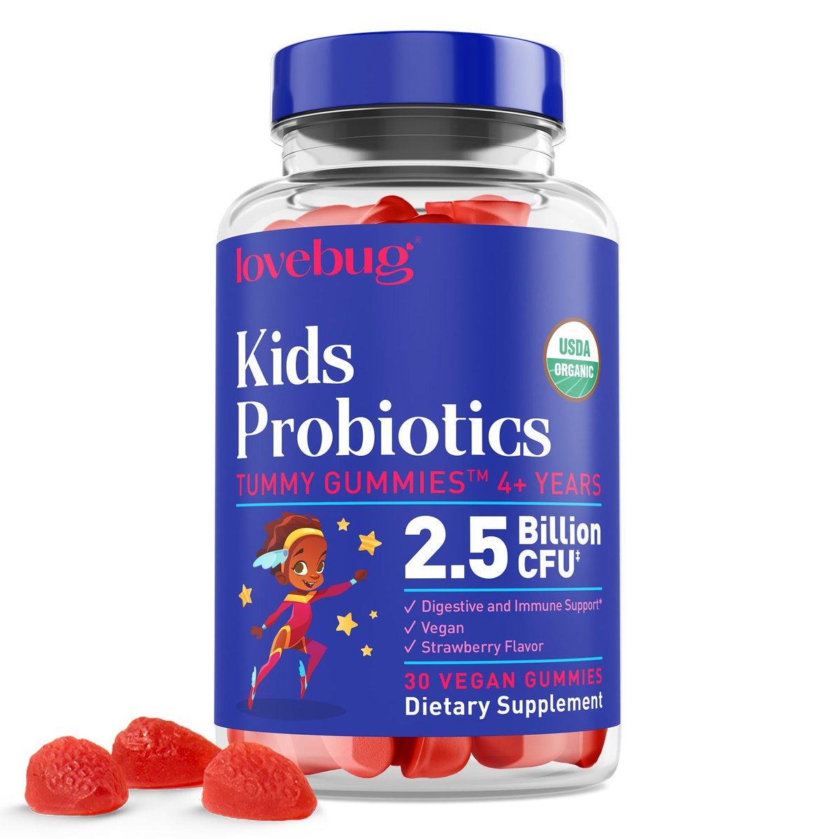 LOVEBUG Probiotische Gummis für Kinder – Organische, veganfreundliche, bodenbasierte Probiotika für Kinder ab 4 Jahren zur Unterstützung der Darmgesundheit, Verdauung und des Immunsystems, 30 Erdbeer-Gummis