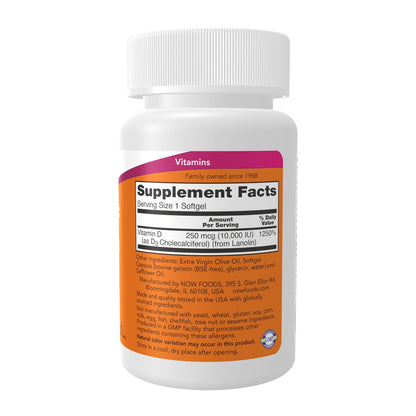 NOW Foods Vitamin D-3 10.000 IE Weichkapseln, 240 Stück