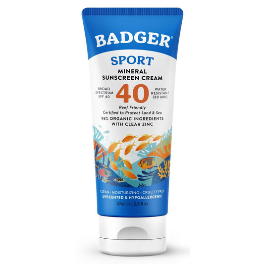 Badger Sport Mineral Sonnenschutz, Riffsicher, SPF 40, 98% Bio mit Zinkoxid, Wasserbeständig, Hawaii Reef Act 104 konform, Duftfrei & Hypoallergen, Für Sport & Abenteuer, 2,9 fl oz