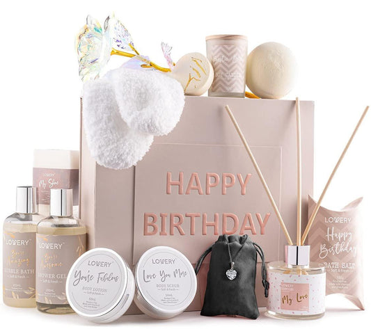 Luxuriöses Geburtstags-Spa-Geschenkset für Frauen – 17-teiliges Verwöhnpaket mit Vit E, Diffuser, Kerze, Silberherz-Anhänger, 24k Goldrose & mehr