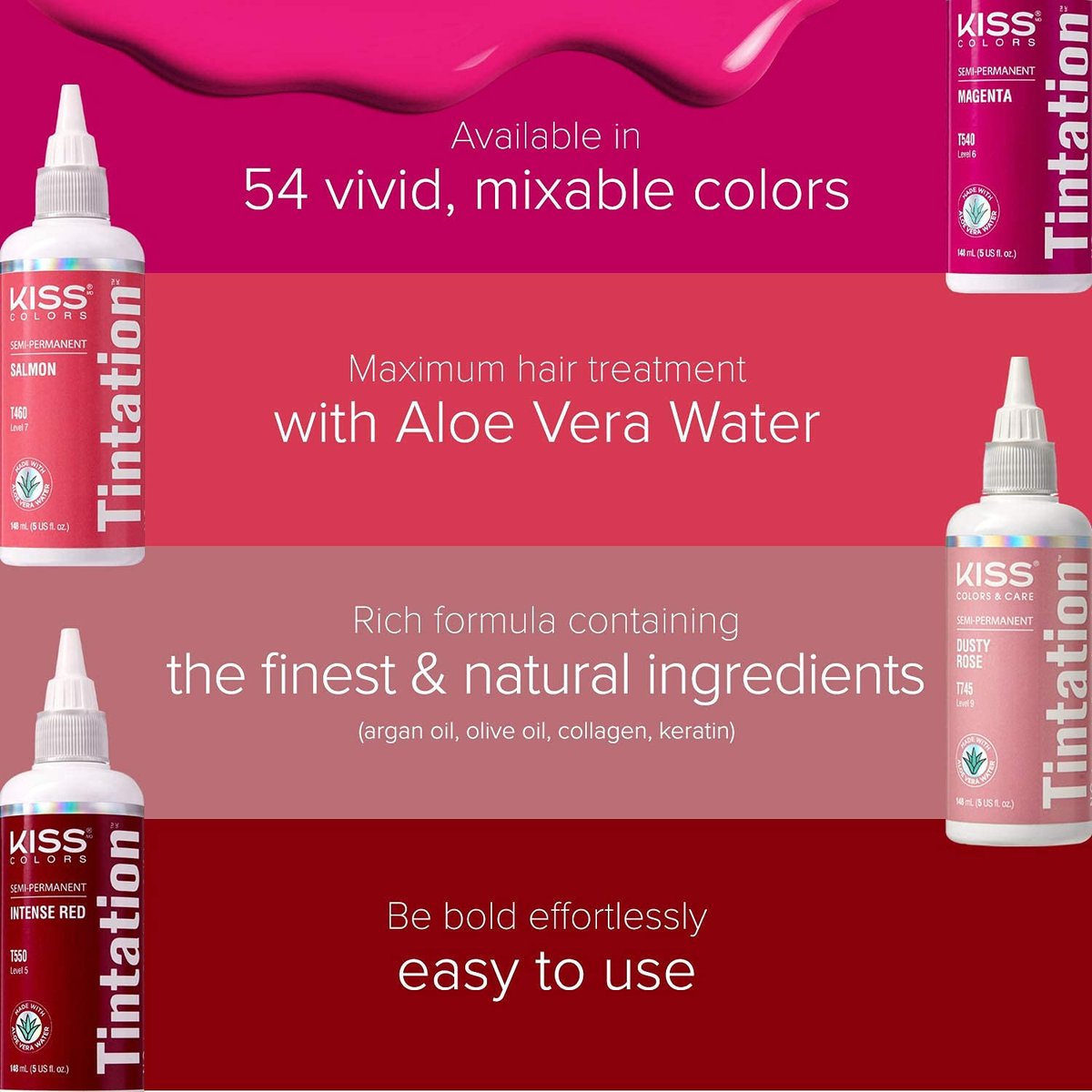 Red by Kiss Tintation Semi-Permanente Haarfarbe – Aloe Vera Wasserbasis, Arganöl, Olivenöl, Kollagen & Keratin – Lang anhaltende Farbtönung (Crimson, 2er-Pack, 2x 148 ml)