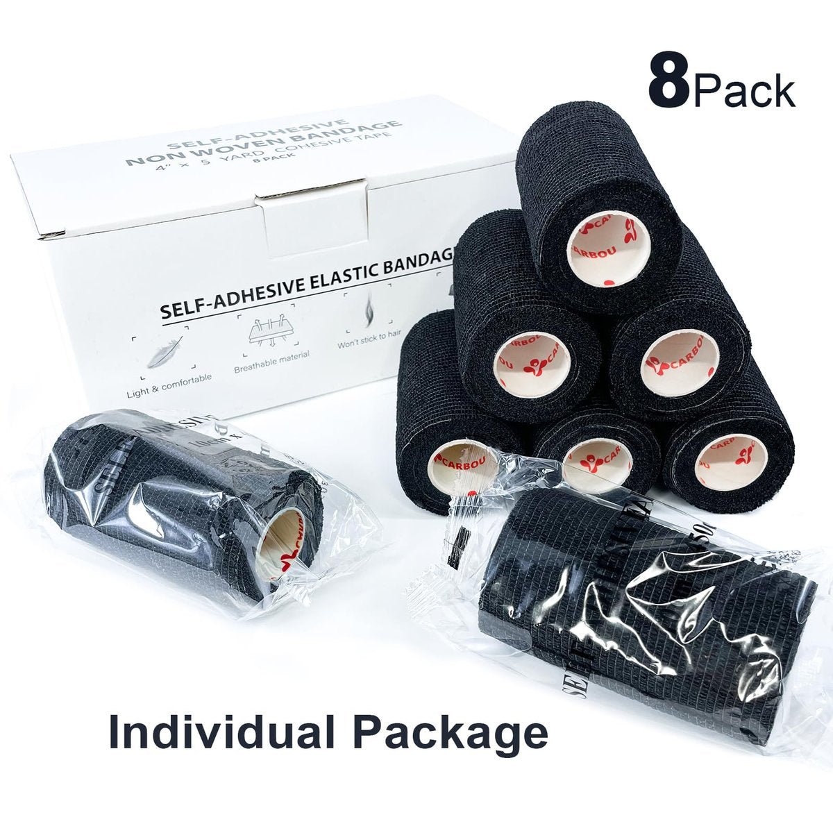 8er-Pack 4" x 5 Yards Selbstklebende Kohäsive Bandage, Schwarz – Selbsthaftende Non-Woven Wickelrollen, Sporttape für Handgelenk, Knöchel, Hand, Bein, Premium-Medizinisches Stretchband