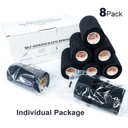 8er-Pack 4" x 5 Yards Selbstklebende Kohäsive Bandage, Schwarz – Selbsthaftende Non-Woven Wickelrollen, Sporttape für Handgelenk, Knöchel, Hand, Bein, Premium-Medizinisches Stretchband