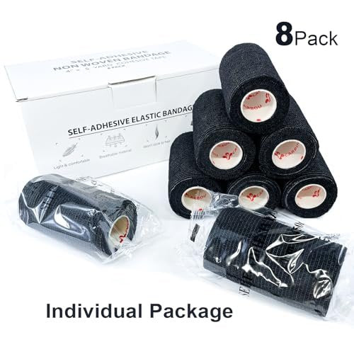 8er-Pack 4" x 5 Yards Selbstklebende Kohäsive Bandage, Schwarz – Selbsthaftende Non-Woven Wickelrollen, Sporttape für Handgelenk, Knöchel, Hand, Bein, Premium-Medizinisches Stretchband