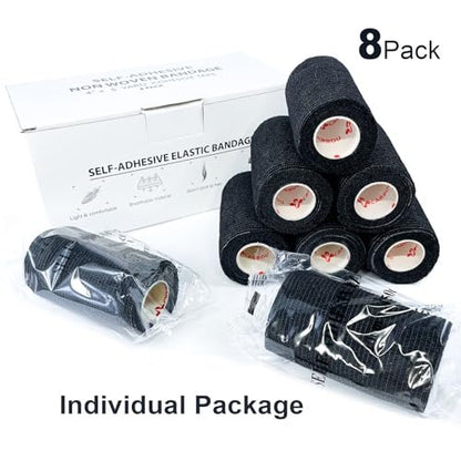 8er-Pack 4" x 5 Yards Selbstklebende Kohäsive Bandage, Schwarz – Selbsthaftende Non-Woven Wickelrollen, Sporttape für Handgelenk, Knöchel, Hand, Bein, Premium-Medizinisches Stretchband