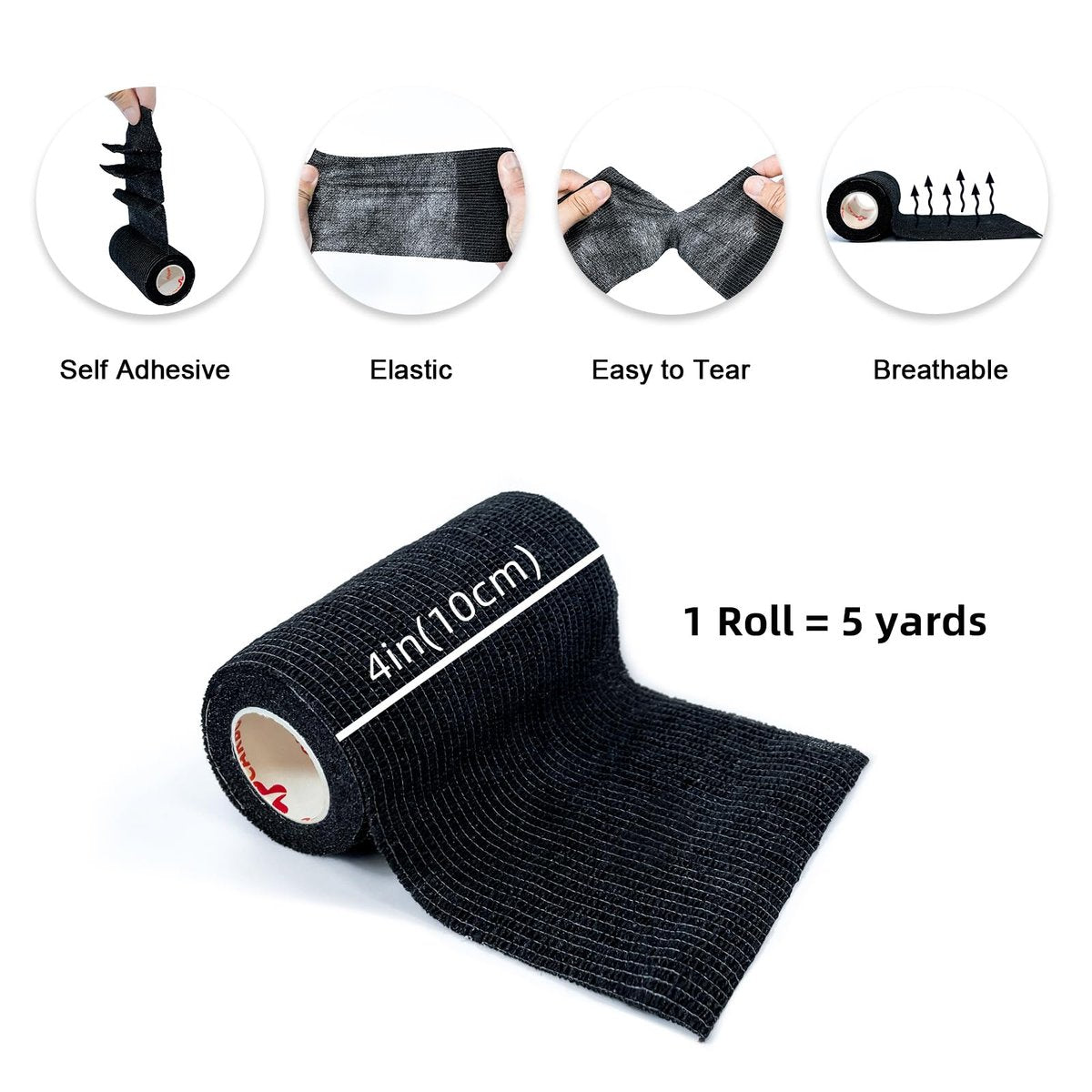 8er-Pack 4" x 5 Yards Selbstklebende Kohäsive Bandage, Schwarz – Selbsthaftende Non-Woven Wickelrollen, Sporttape für Handgelenk, Knöchel, Hand, Bein, Premium-Medizinisches Stretchband