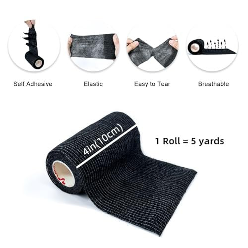8er-Pack 4" x 5 Yards Selbstklebende Kohäsive Bandage, Schwarz – Selbsthaftende Non-Woven Wickelrollen, Sporttape für Handgelenk, Knöchel, Hand, Bein, Premium-Medizinisches Stretchband