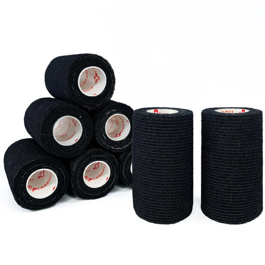 8er-Pack 4" x 5 Yards Selbstklebende Kohäsive Bandage, Schwarz – Selbsthaftende Non-Woven Wickelrollen, Sporttape für Handgelenk, Knöchel, Hand, Bein, Premium-Medizinisches Stretchband