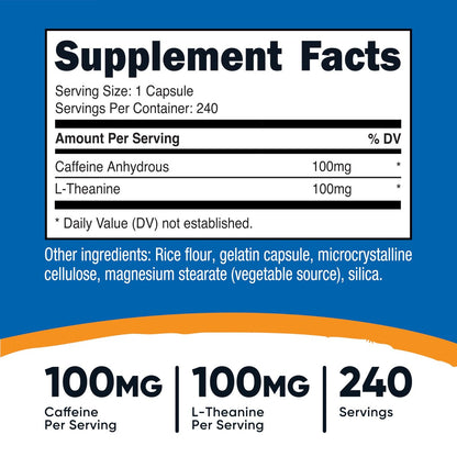 Nutricost Koffein mit L-Theanin, 100mg pro Kapsel, 240 Kapseln, 240 Portionen - Non-GMO und Glutenfrei