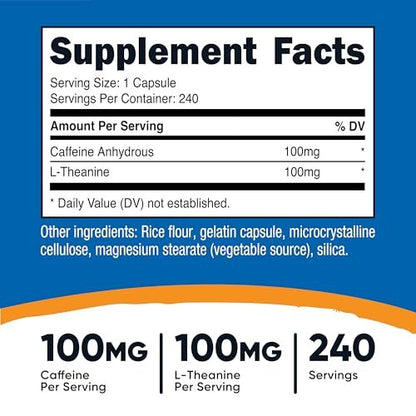 Nutricost Koffein mit L-Theanin, 100mg pro Kapsel, 240 Kapseln, 240 Portionen - Non-GMO und Glutenfrei