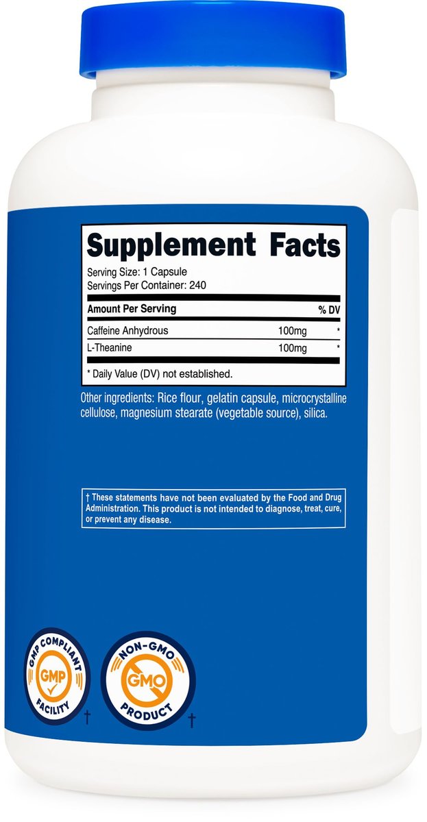 Nutricost Koffein mit L-Theanin, 100mg pro Kapsel, 240 Kapseln, 240 Portionen - Non-GMO und Glutenfrei