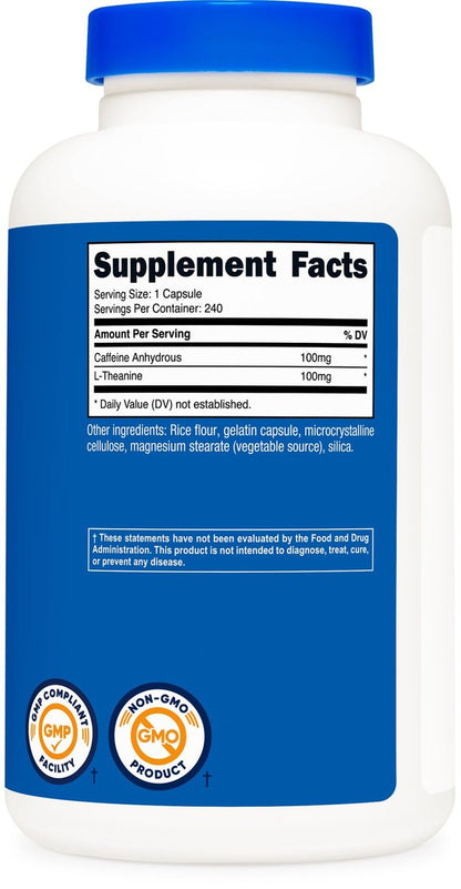 Nutricost Koffein mit L-Theanin, 100mg pro Kapsel, 240 Kapseln, 240 Portionen - Non-GMO und Glutenfrei