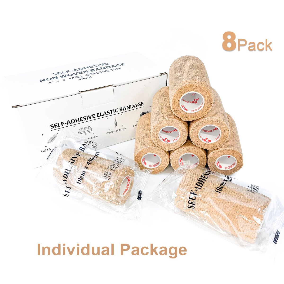8er-Pack 4" x 5 Yards Beige Selbstklebende Kohäsive Bandage, Selbsthaftende Non-Woven Wickelrollen, Athletik-Tape für Handgelenk, Knöchel, Hand, Bein, Premium-Medizinische Dehnwickel