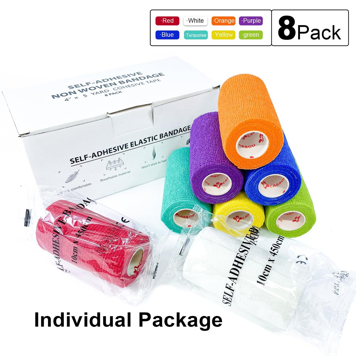 8er-Pack Selbstklebende Verbände 10 cm x 4,5 m - Assortierte Farben, Elastische Kohäsionsbandage für Sportverletzungen, Zerrungen, Knie- und Handgelenk, Knöchelverstauchungen, Erste Hilfe Vliesbandagen