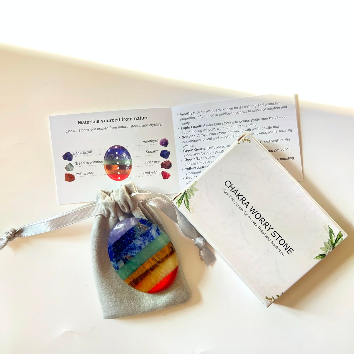 SHARKOOO Daumen-Worry-Stein gegen Angst, 7 Chakra-Heilsteine, Ovaler Chakra-Worry-Stein, Meditationskristall