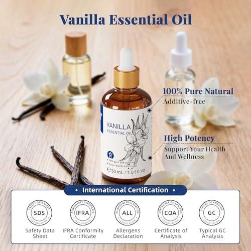 HIQILI Vanille ätherisches Öl, 100% rein natürlich, anfängerfreundlich für DIY Parfüm, Kerzen & Seifen, ideal für Diffuser, 30 ml