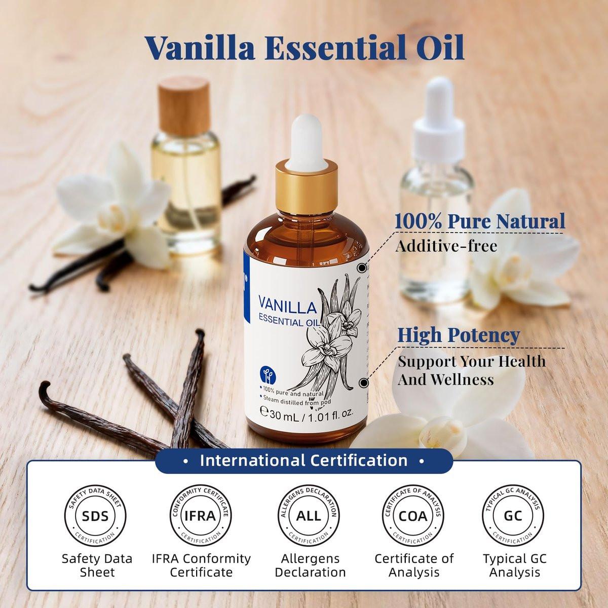 HIQILI Vanille ätherisches Öl, 100% rein natürlich, anfängerfreundlich für DIY Parfüm, Kerzen & Seifen, ideal für Diffuser, 30 ml