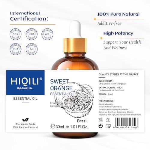 HIQILI 30ml Reines Süßes Orangenöl für Aromatherapie-Diffuser, Hautpflege, DIY-Reinigungsspray, Seife & Kerzen