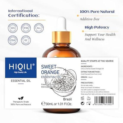HIQILI 30ml Reines Süßes Orangenöl für Aromatherapie-Diffuser, Hautpflege, DIY-Reinigungsspray, Seife & Kerzen