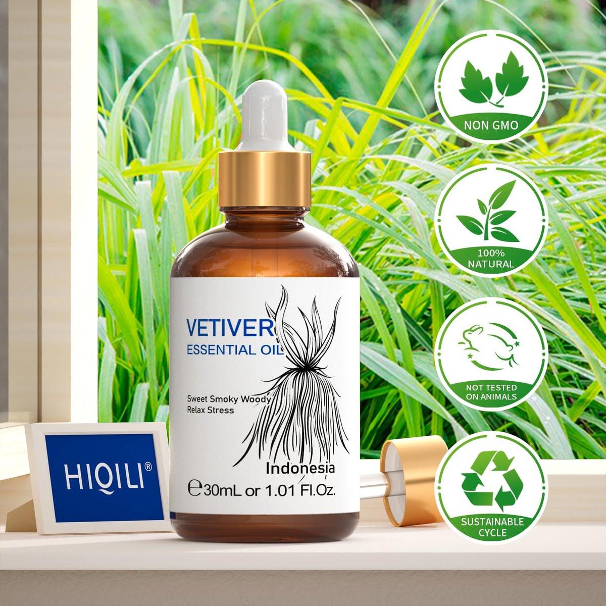 HIQILI 100% reines Vetiver-Öl, 30 ml – Natürliches ätherisches Öl für Haut und Kerzenherstellung