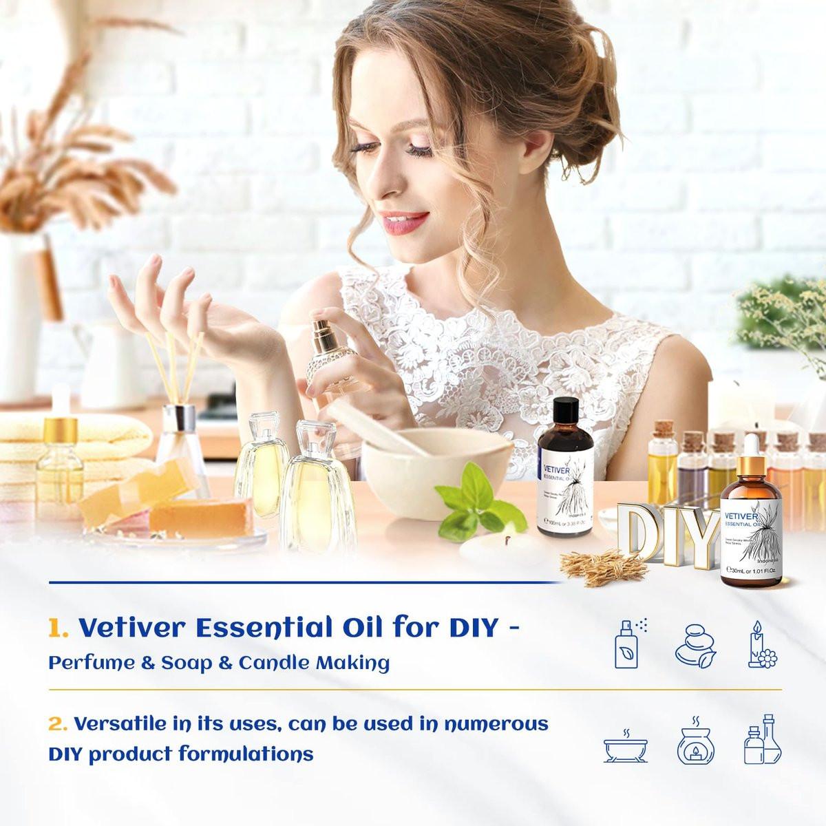 HIQILI 100% reines Vetiver-Öl, 30 ml – Natürliches ätherisches Öl für Haut und Kerzenherstellung