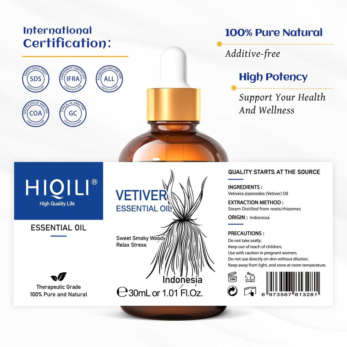 HIQILI 100% reines Vetiver-Öl, 30 ml – Natürliches ätherisches Öl für Haut und Kerzenherstellung
