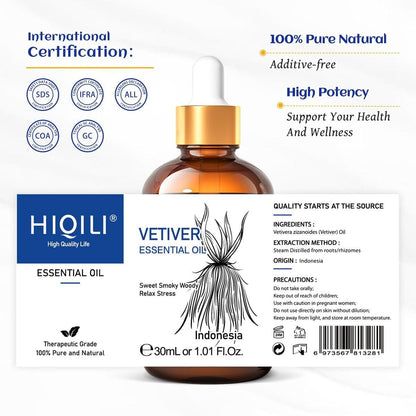 HIQILI 100% reines Vetiver-Öl, 30 ml – Natürliches ätherisches Öl für Haut und Kerzenherstellung