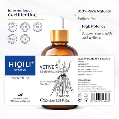HIQILI 100% reines Vetiver-Öl, 30 ml – Natürliches ätherisches Öl für Haut und Kerzenherstellung